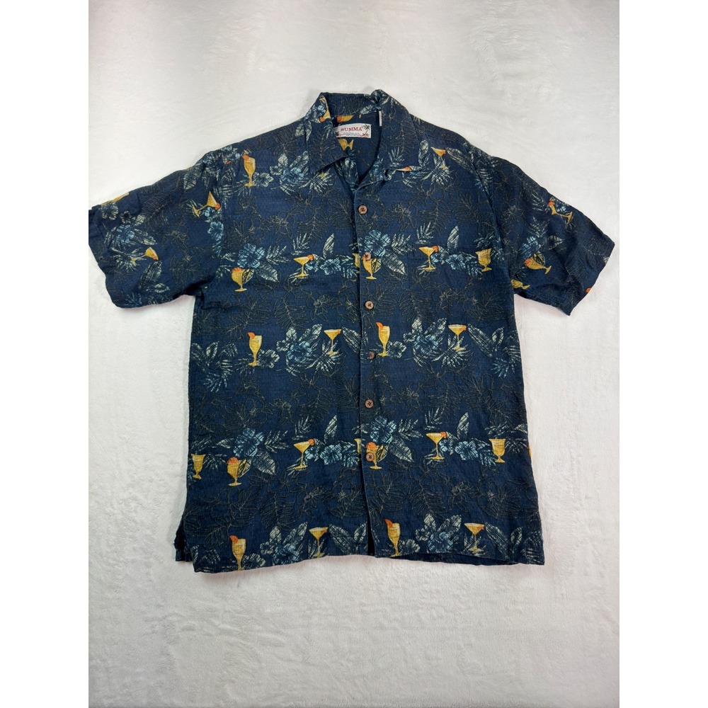 Summa Mens Blue Linen Cotton Tropical Cocktail Print Button Up Shirt Medium